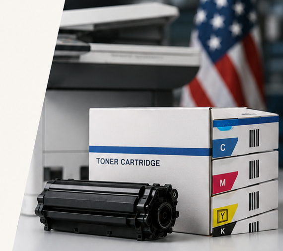 Printer toner cartridge boxes with copier and American flag background